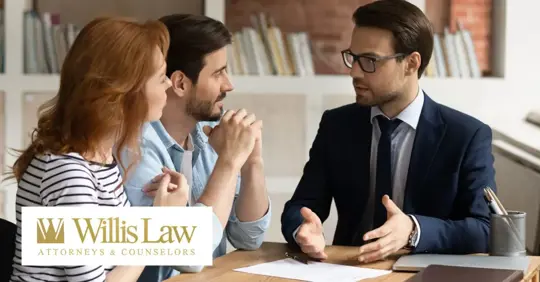 A couple consulting an attorney.